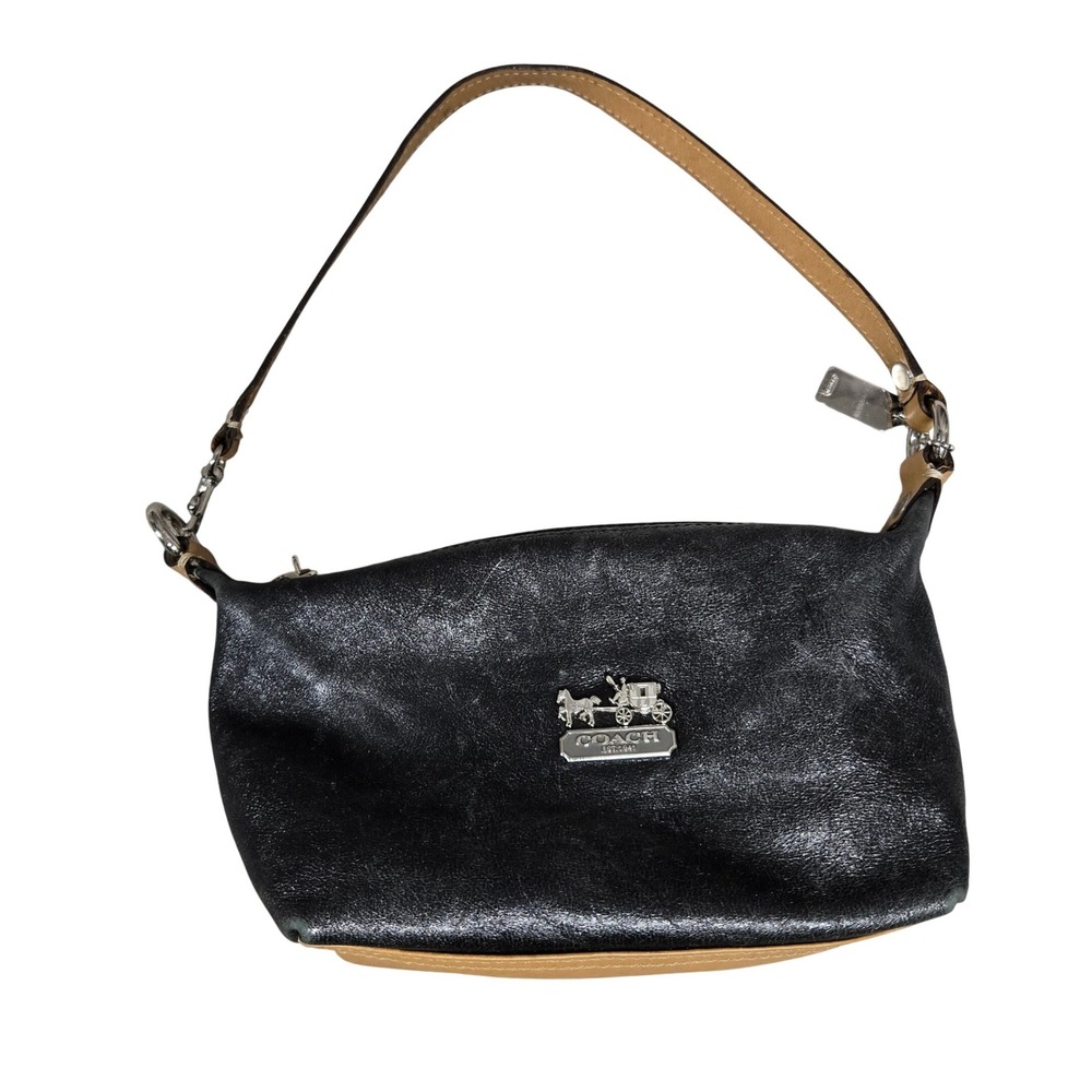 Coach Black Leather Horse and Carriage Small Shoulder Bag Tan Trim Vintage